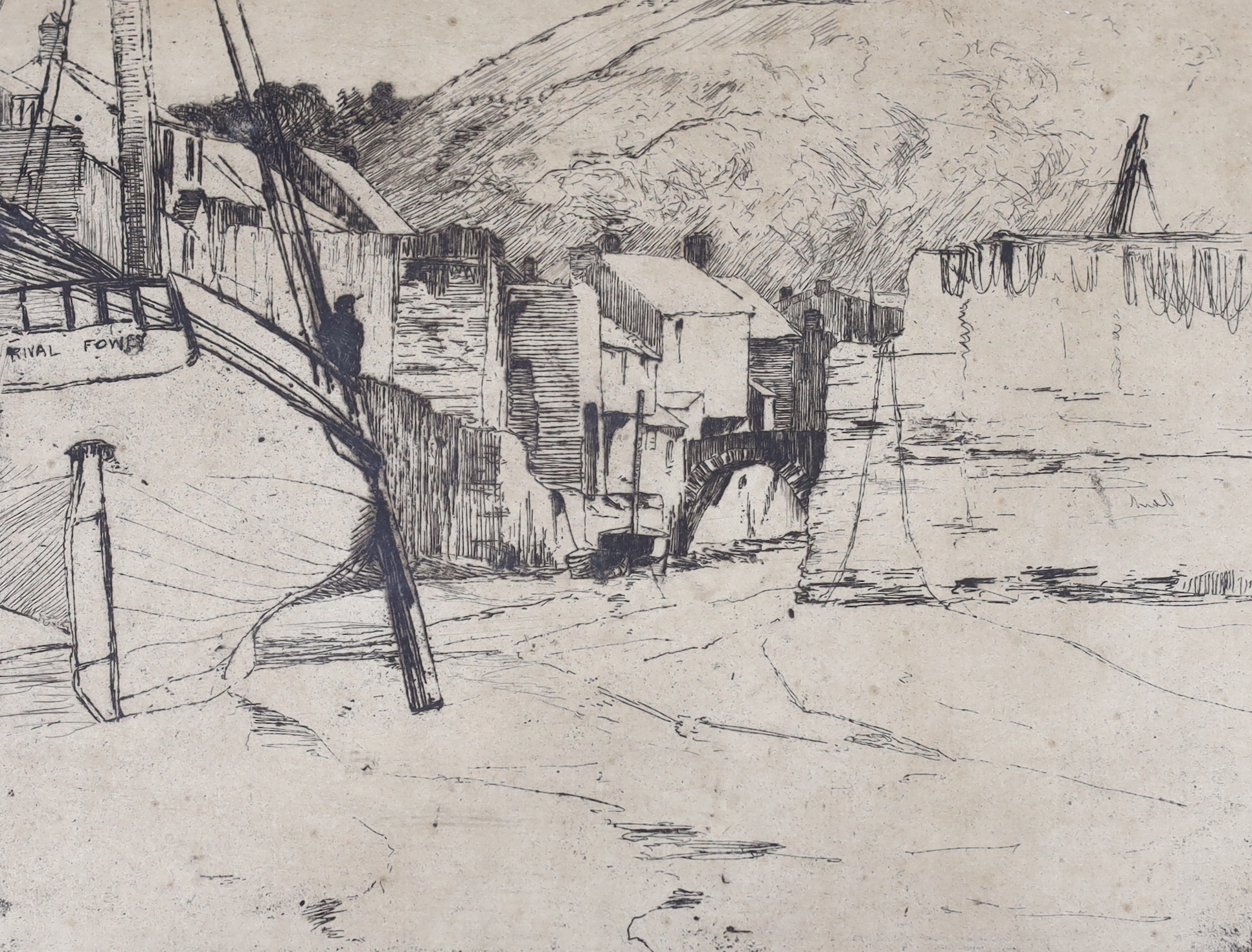 Sir Frank Short R.A. (1857-1945), four drypoint etchings, 'Entrance to the Mersey', 'Polperro Harbour', 'Talland, Cornwall' and 'George's Dock, Liverpool', signed in pencil, largest 20 x 15cm, with a copy of Short's Suss